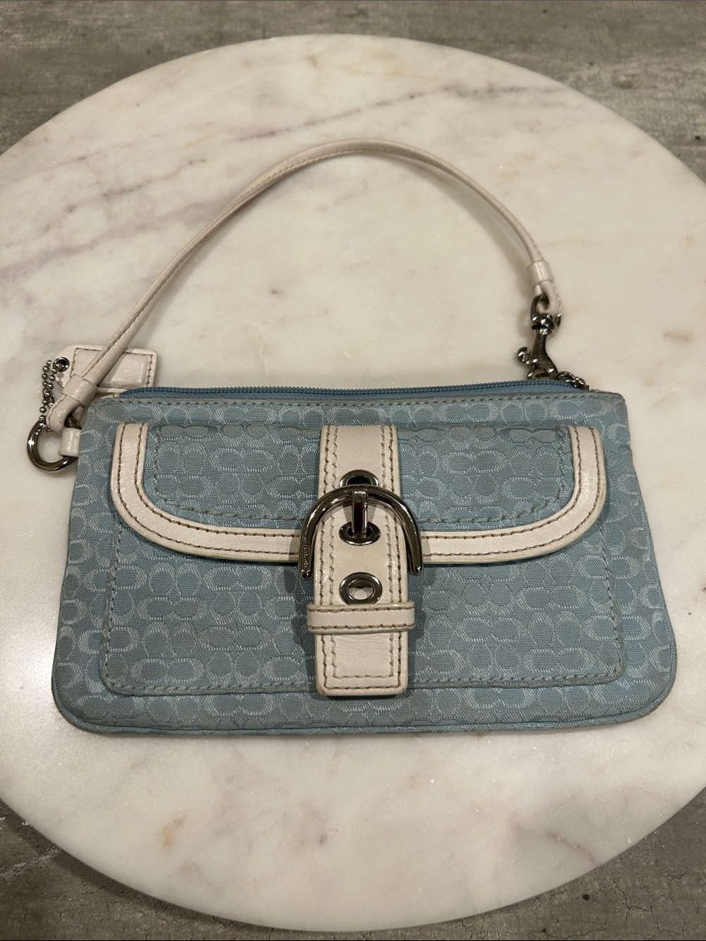 Vintage Coach Light Blue and Cream Signature Wristlet
